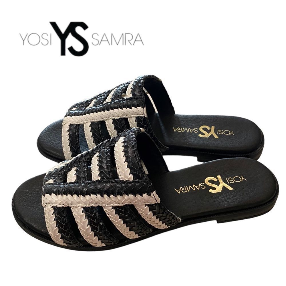 YOSI SAMRA YS Molly Black White Woven Slide Sandals NEW 5